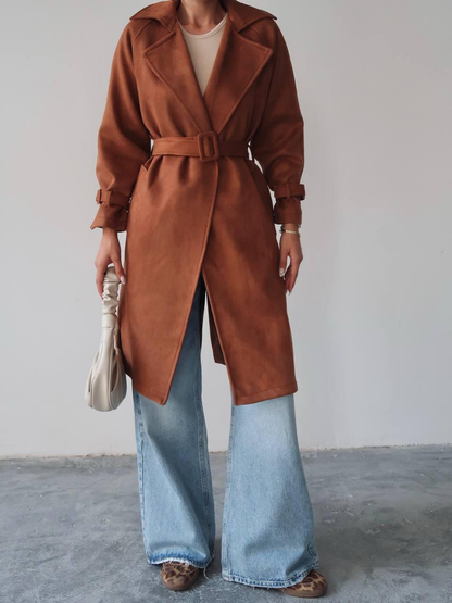 Дамски тренчкот миди дължина с колан -велурен ефект