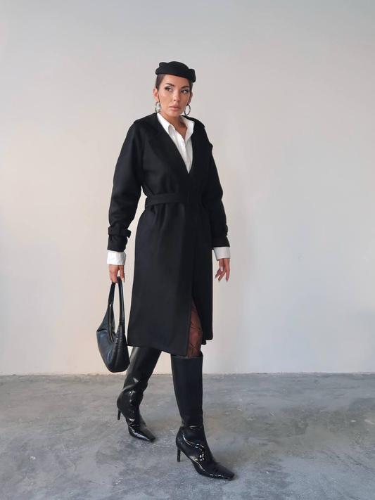 Дамски тренчкот миди дължина с колан -велурен ефект