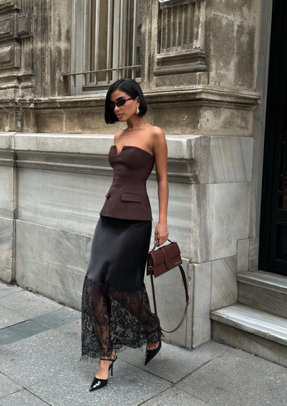 Дамска сатенирана миди пола „Lace Satin“
